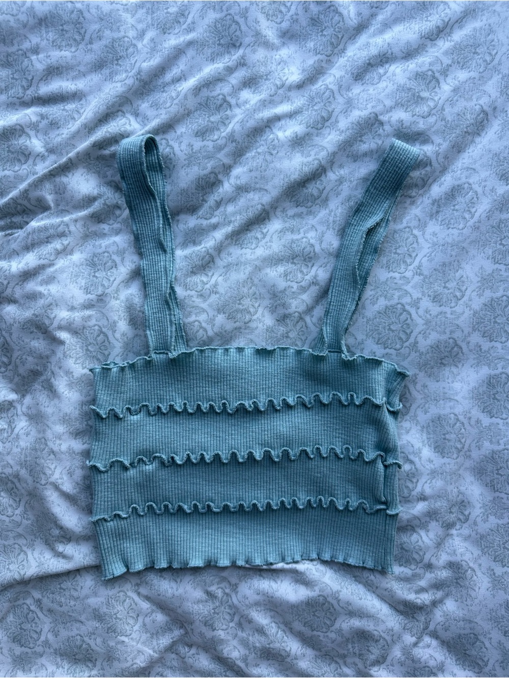 Zara Ribbed Ruffle Crop Cami in Light Teal